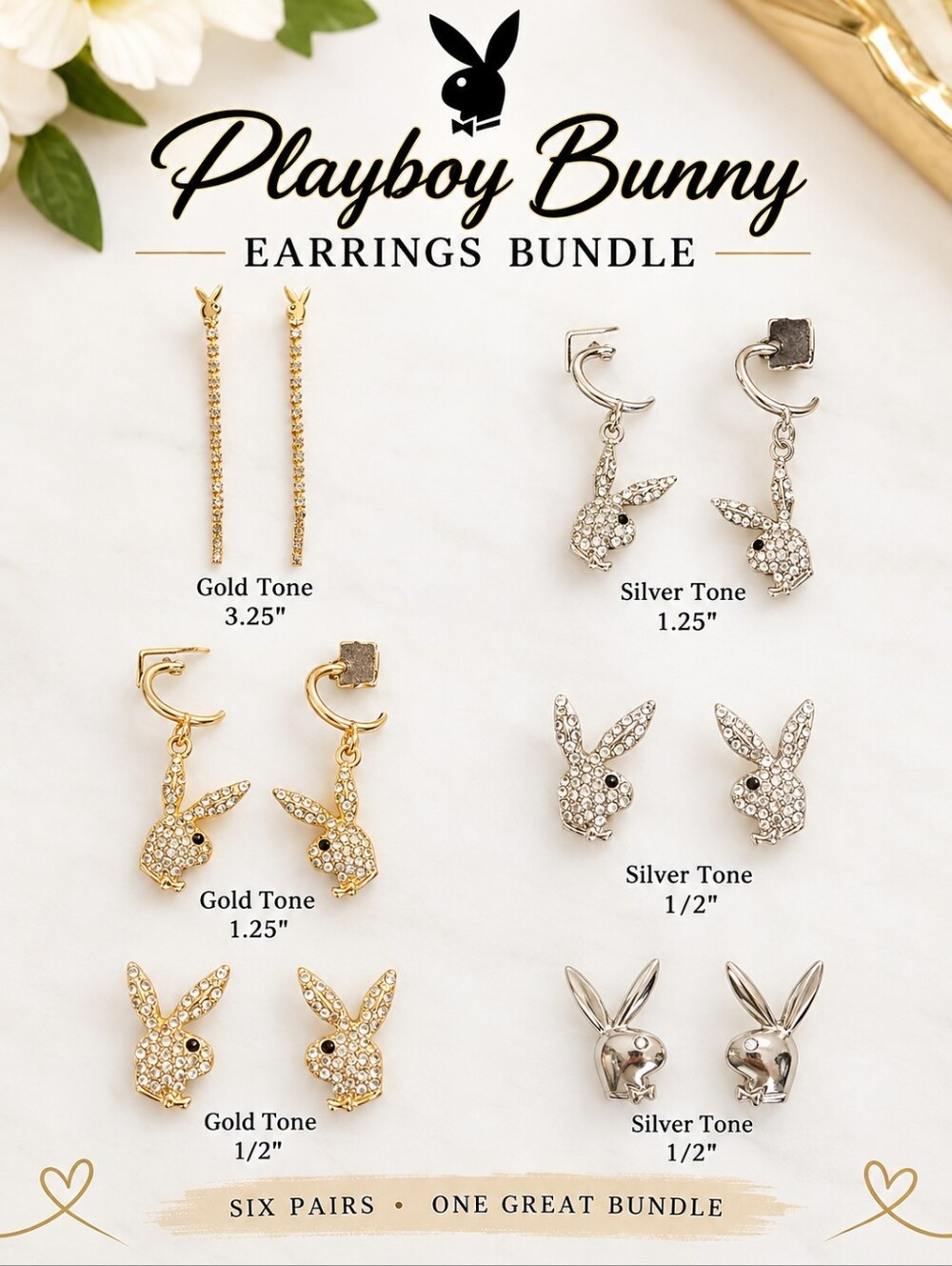 Playboy Bunny Earrings (Set Of 6) In Gold & Silver Tones With Rhinestones